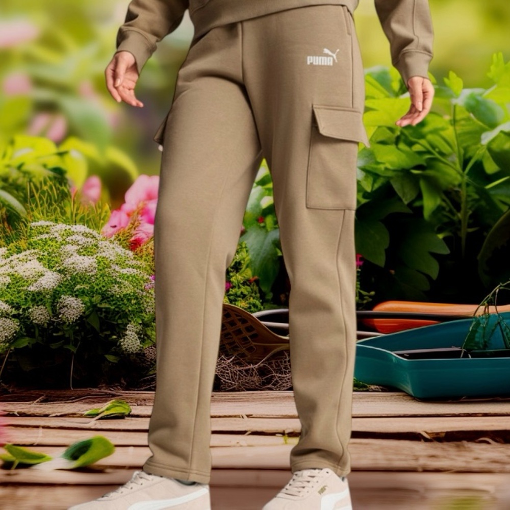 PUMA WOMENS SIZE LARGE  ESSENTIAL CARGO FLEECE PANTS IN OAK BRANCH - Picture 11 of 14